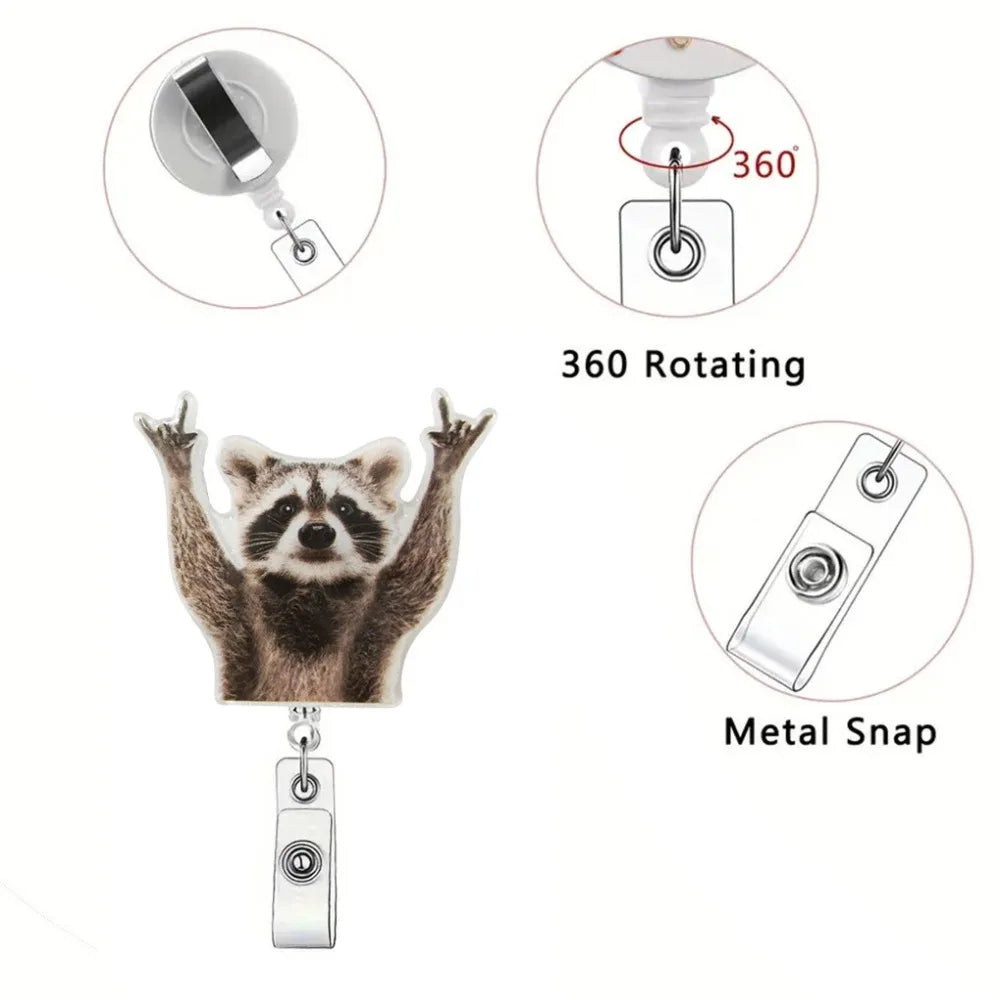 Funny Raccoon ID Badge Reel - Retractable Acrylic Clip Holder