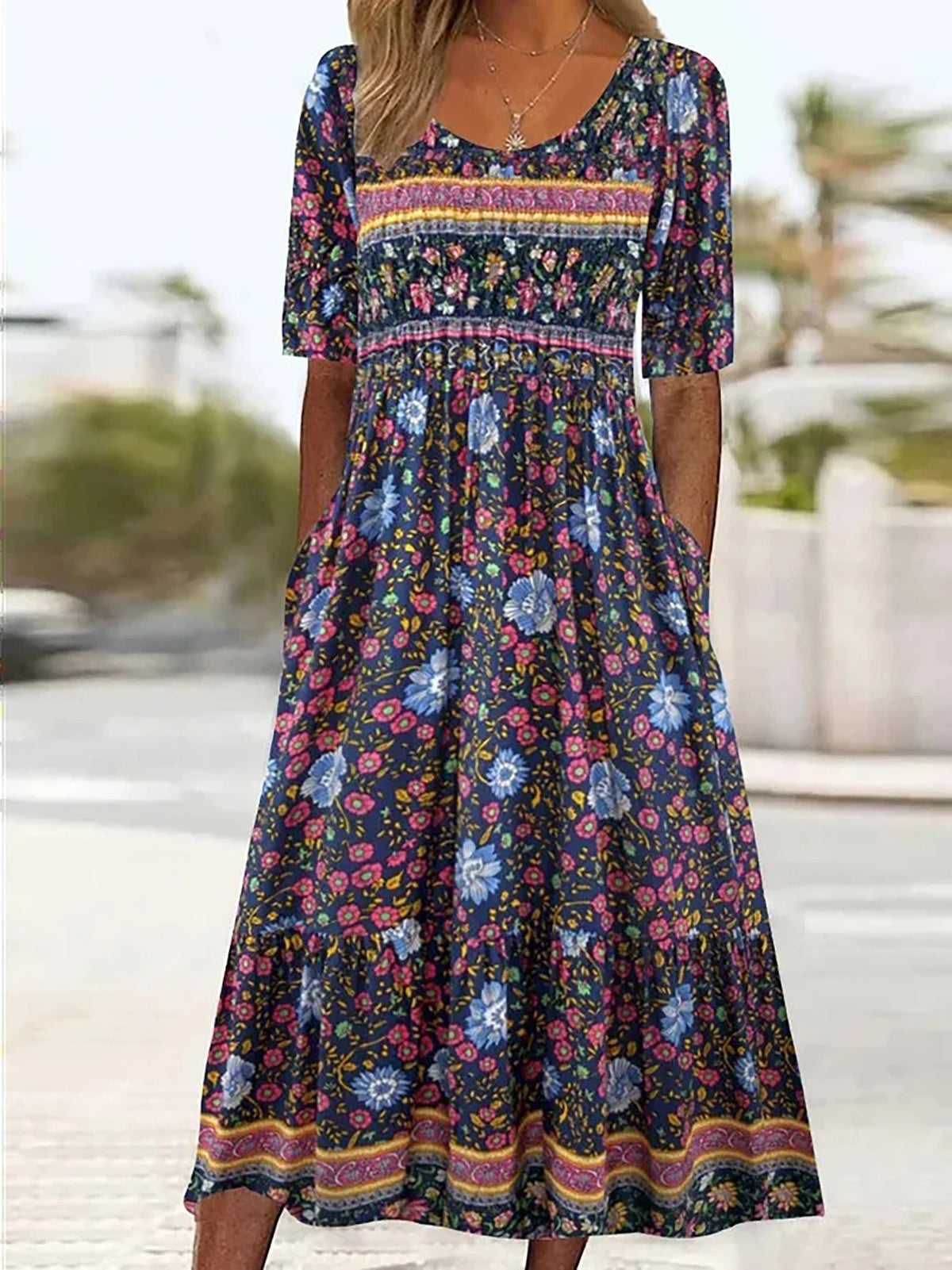 Boho Chic Women's Round Neck Print Short Sleeve Long Dress