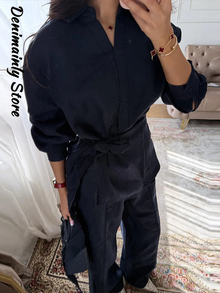 Chin.Sweety Women's Casual Linen Pants Set - Stylish & Comfortable