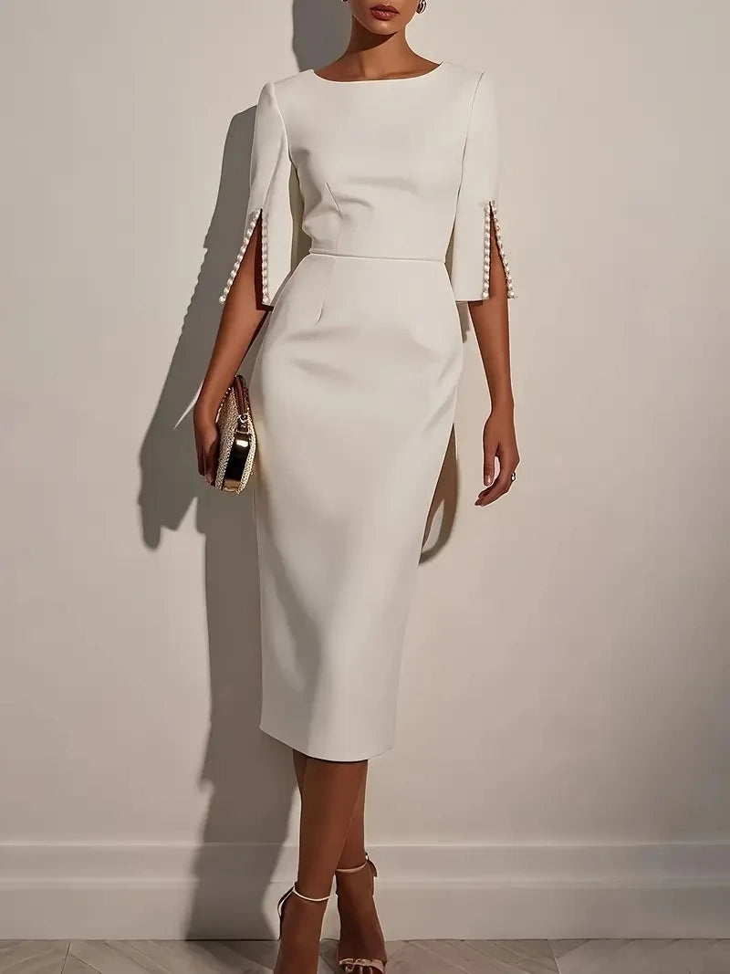 Elegant Women's Solid Color Midi Dress with Pearl Embellishments