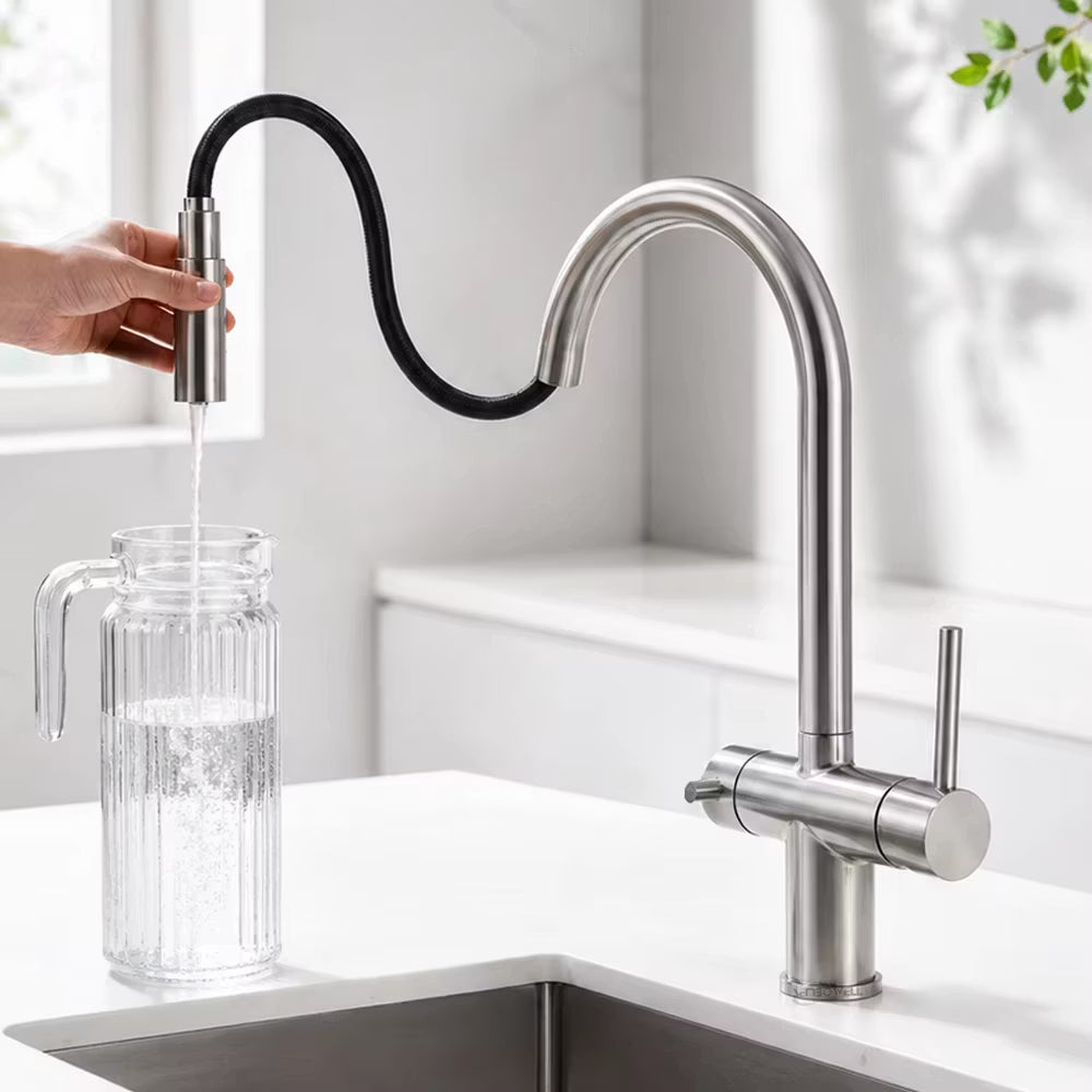 3 Way Mixer Tap Nickel Umbrella Style 360 Rotation + Pull Out Spout