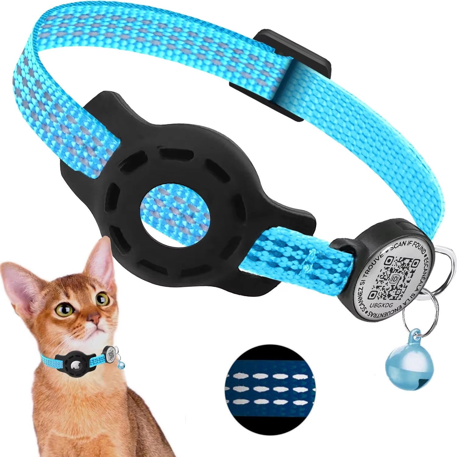 Reflective Cat GPS Collar with QR Code & AirTag Holder - Breakaway Design