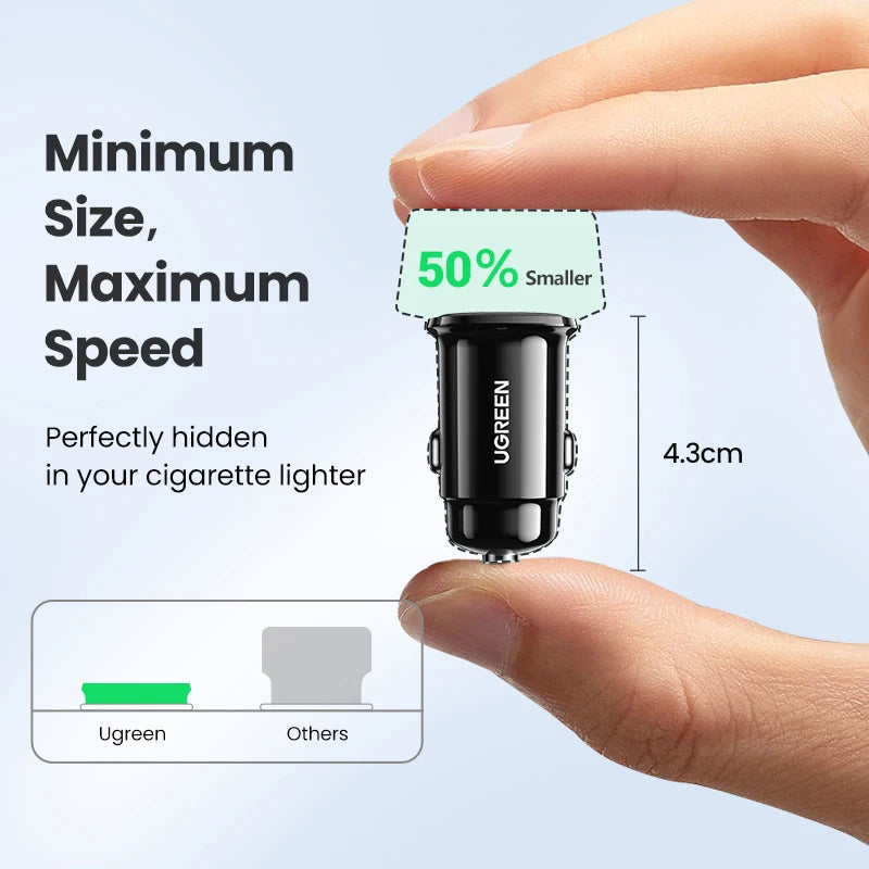 UGREEN 30W Fast Car Charger - Dual Port PD & QC for Quick Charging