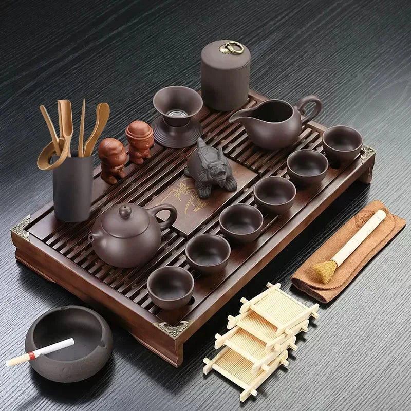 VINRITO Yixing Ceramic Kung Fu Tea Set with Solid Wood Tea Tray - 27 Pieces