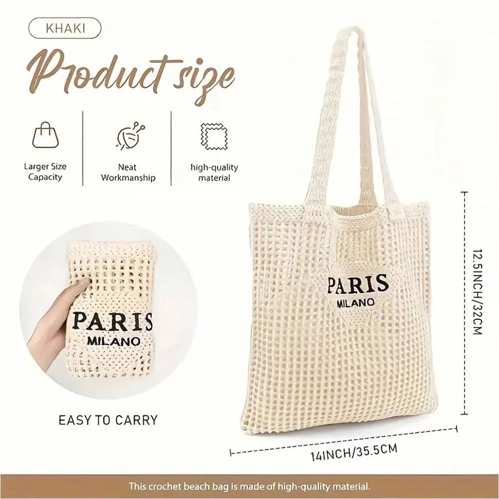 1 Piece Women's Knitted Woven Tote Bag - Paris Lettered Open Shoulder Bag, Breathable Beach & Travel Bag, Washable Fabric, Casual Shopping Accessory, Durable Woven Design, Exclusive for Fashion Enthusiasts