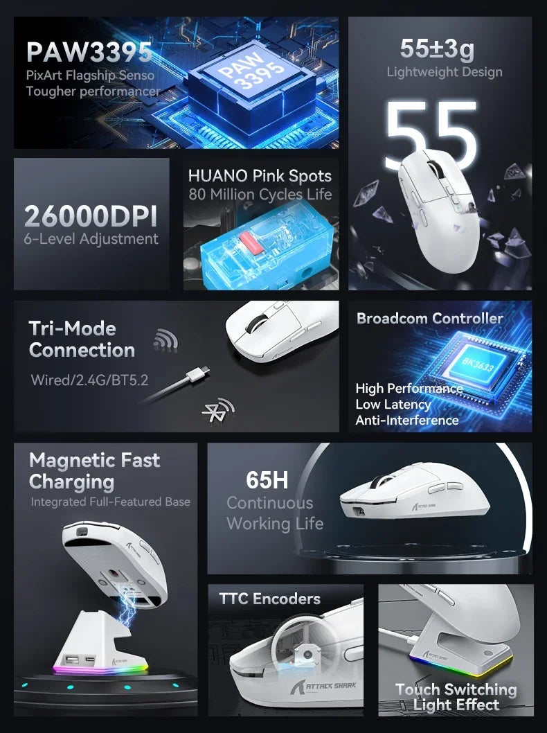 Attack Shark X6 RGB Wireless Gaming Mouse - 26000 DPI, Tri-Mode Connectivity