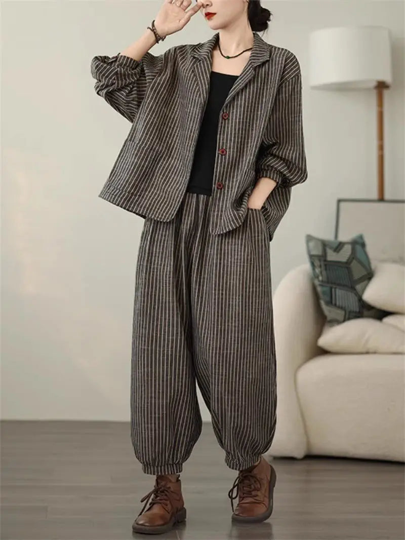 Stylish Women's Cotton Linen Stripe Suit Set - Casual Wide Leg Pants