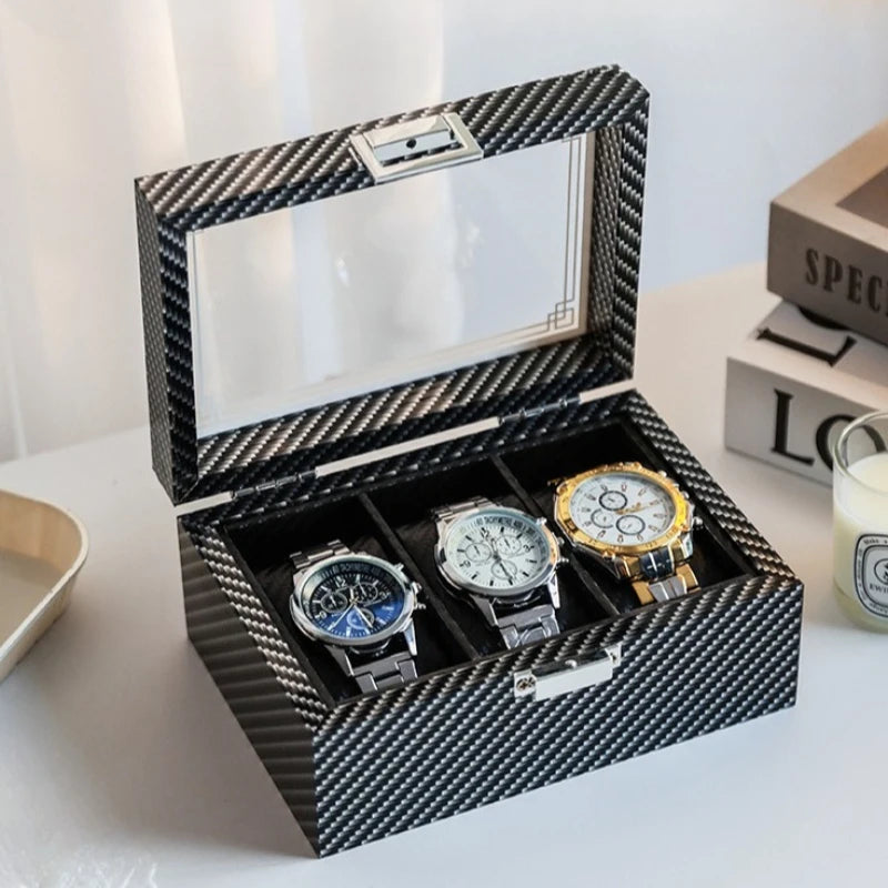 High-Gloss Carbon Fiber Watch Storage Box - Elegant Watch Organizer