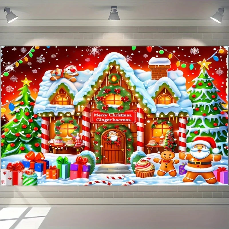 Enchanting Christmas Background Cloth with Cookie Statues & Tree