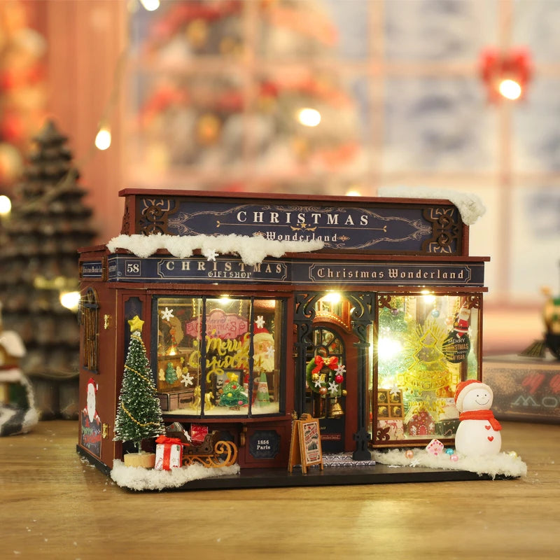 DIY Wooden Christmas Wonderland Dollhouse Kit with LED Lights