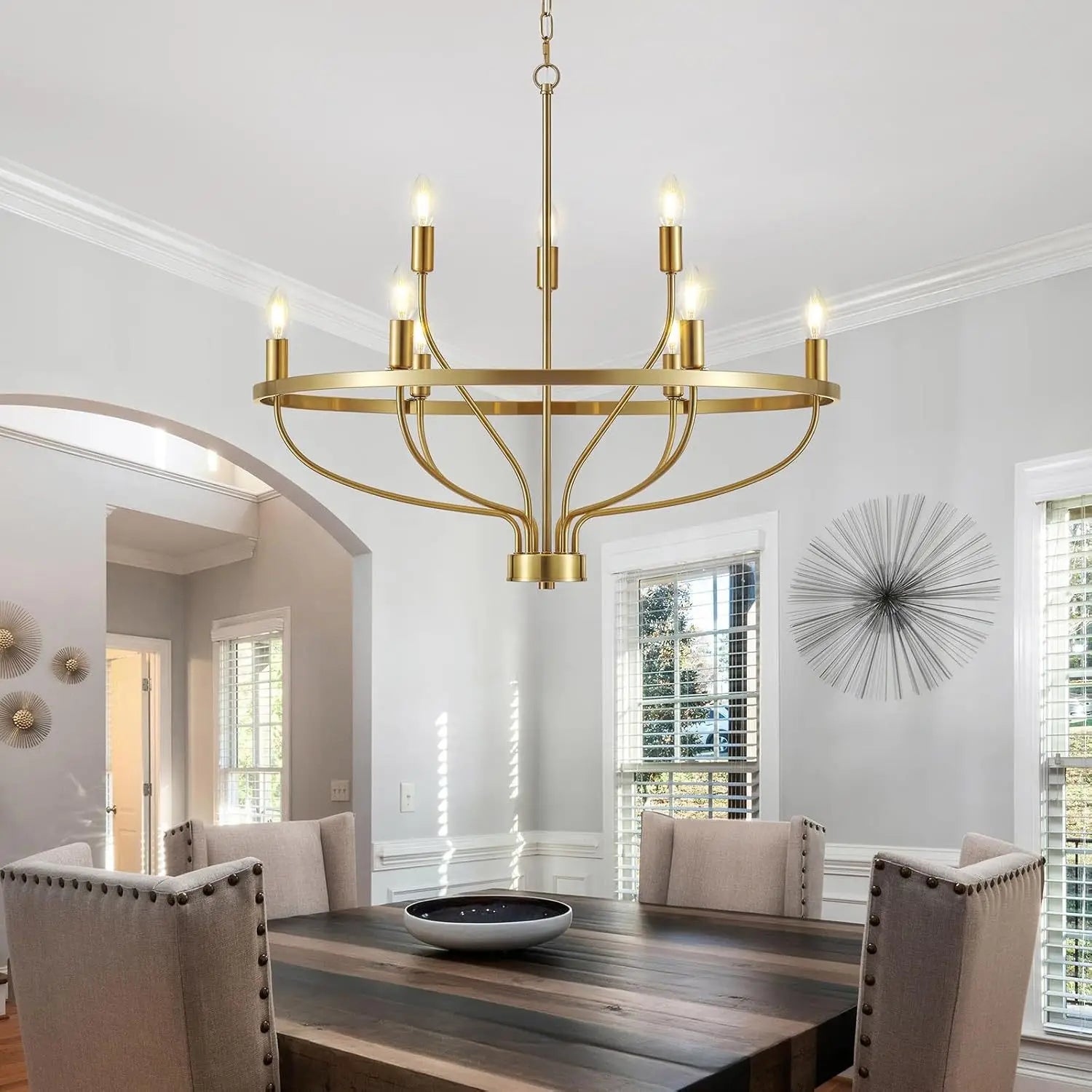 Modern Minimalist 9-Light Brass Chandelier - Gold Ceiling Pendant Light