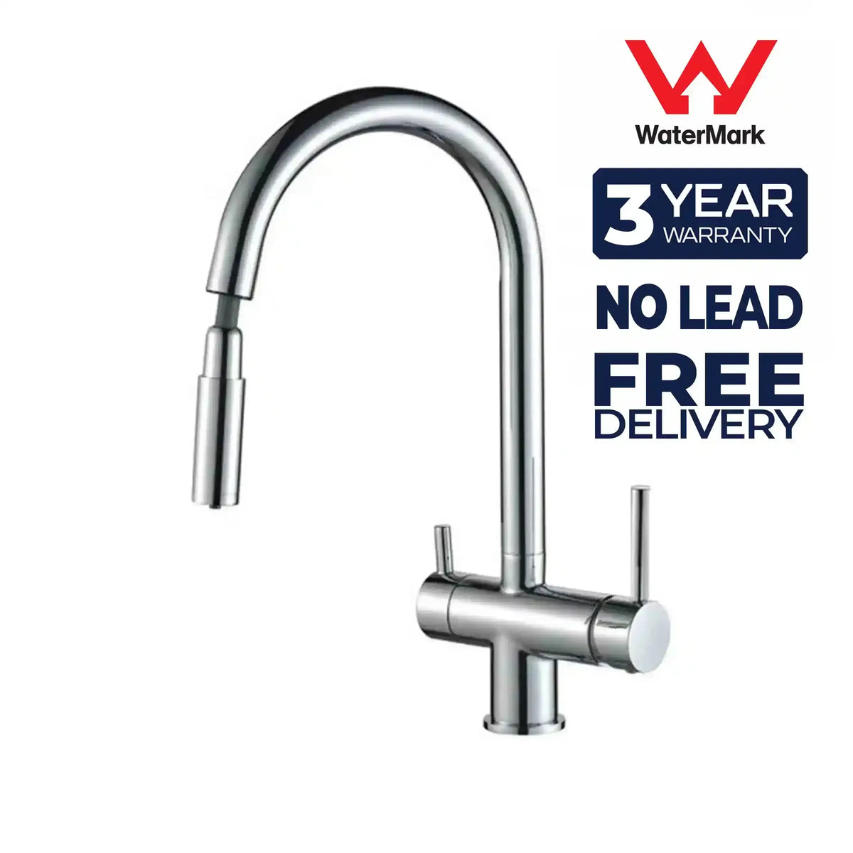 3 Way Mixer Tap Nickel Umbrella Style 360 Rotation + Pull Out Spout