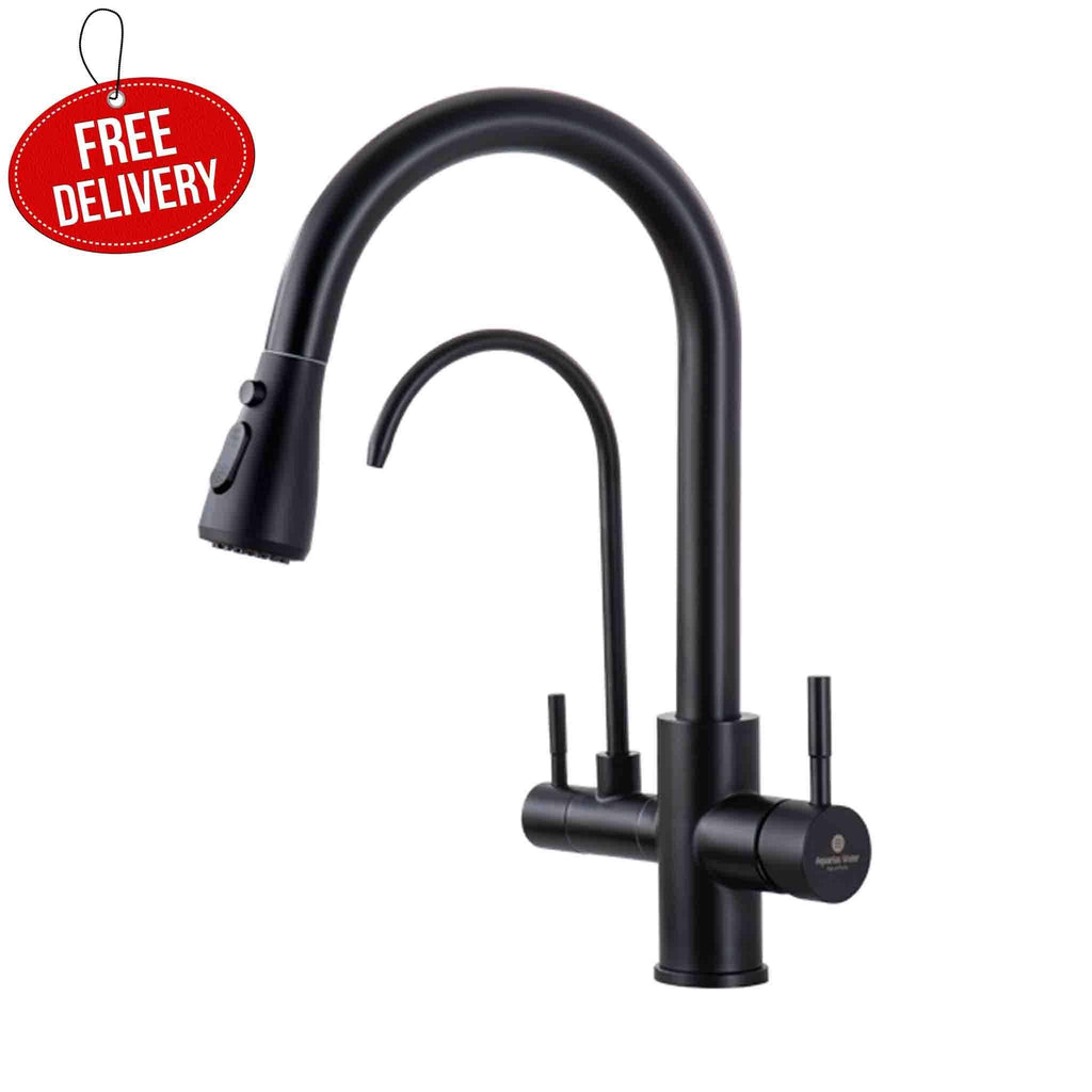 3 Way Mixer Tap with Dual Spout & Pull Out Spray Black