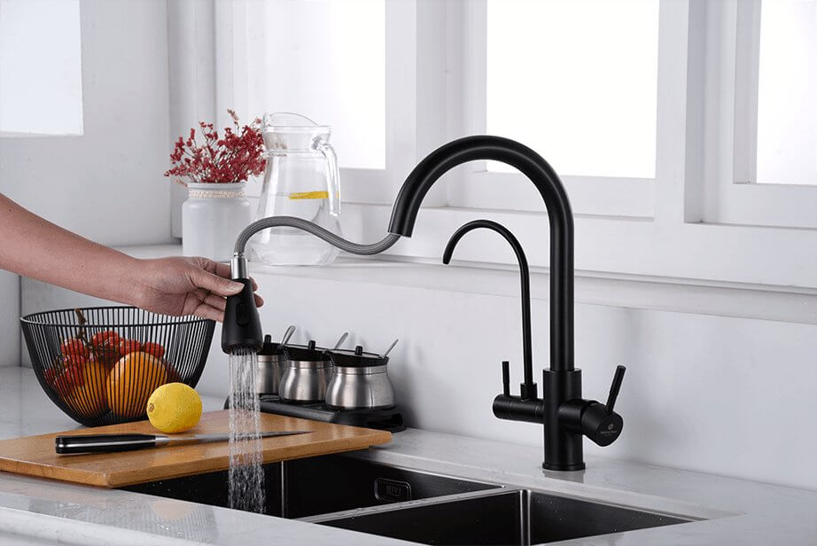 3 Way Mixer Tap with Dual Spout & Pull Out Spray Black