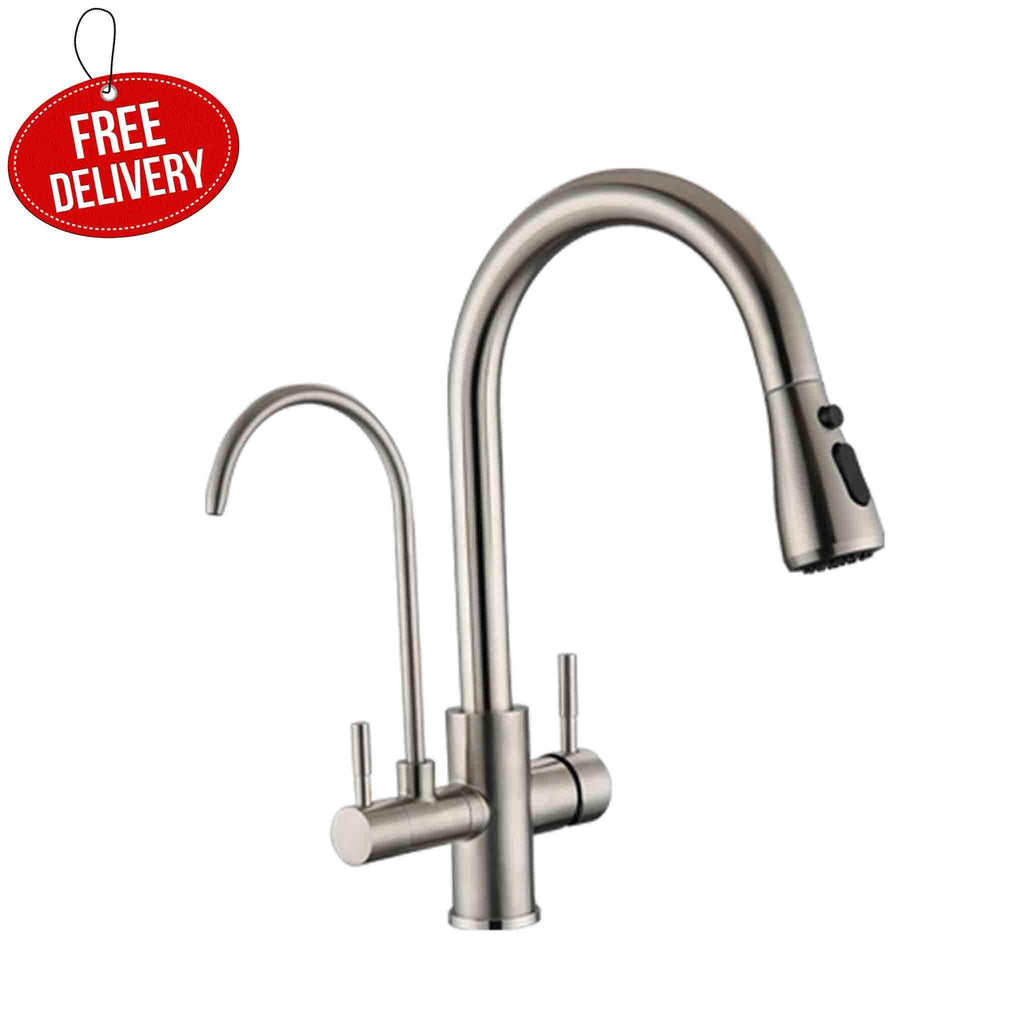 3 Way Mixer Tap with Dual Spout & Pull Out Spray Nickel