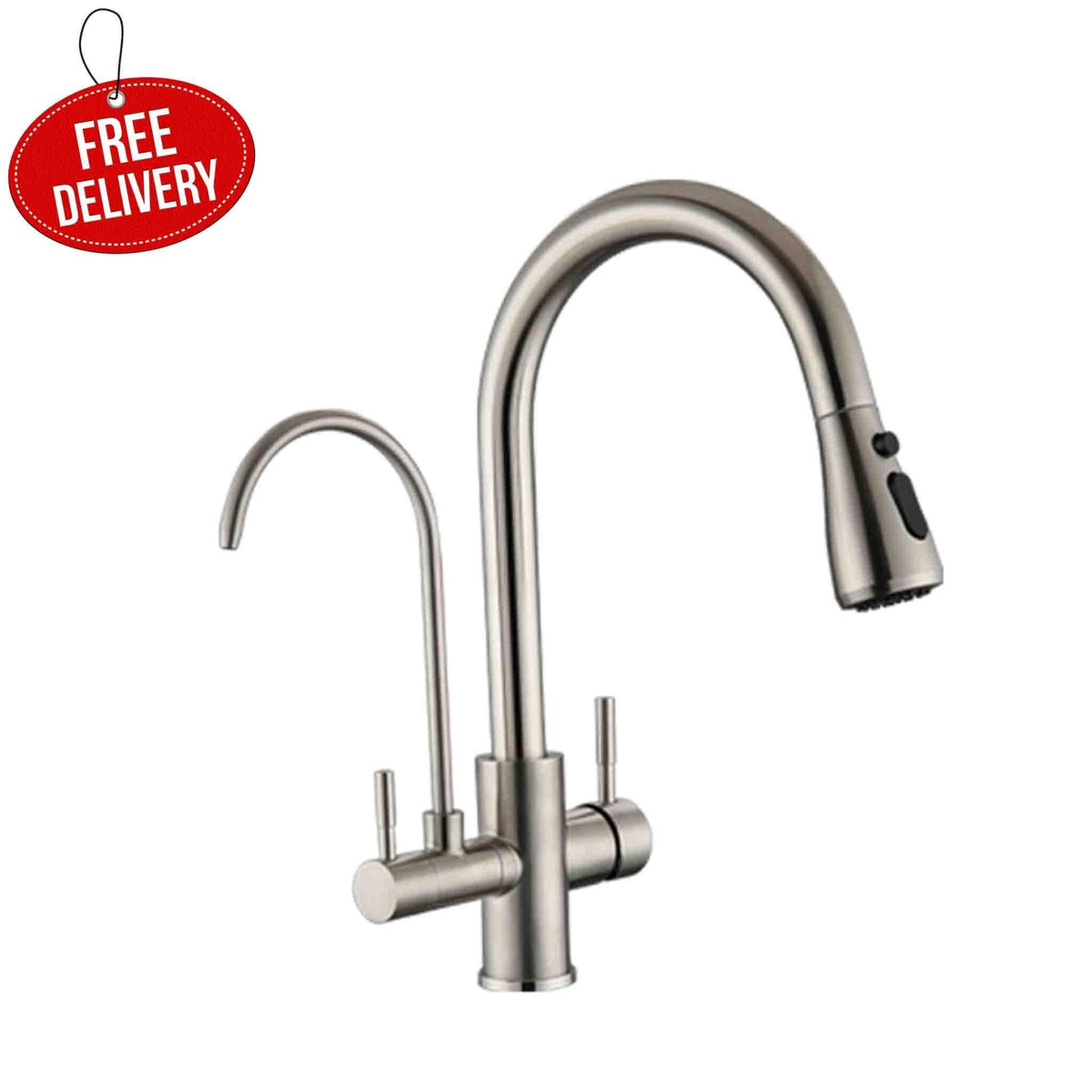 3 Way Mixer Tap with Dual Spout & Pull Out Spray Nickel