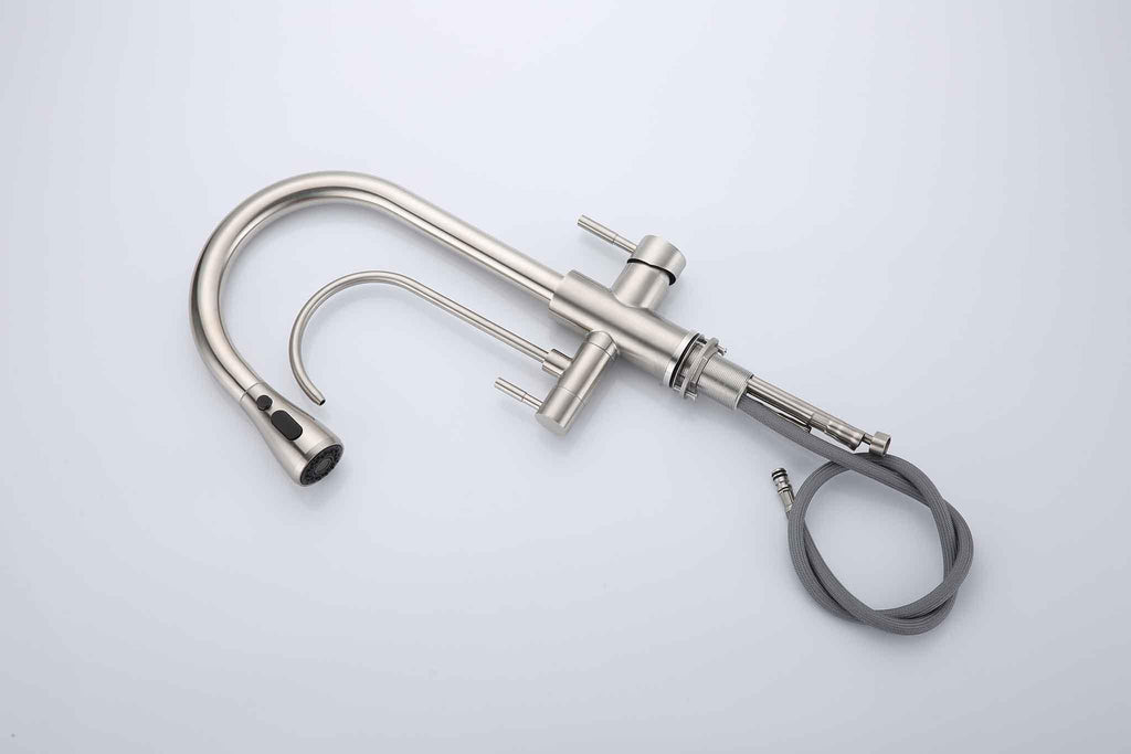 3 Way Mixer Tap with Dual Spout & Pull Out Spray Nickel