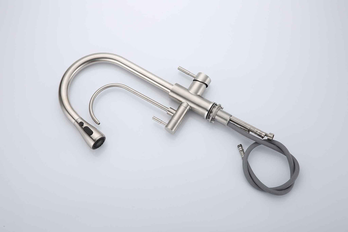 3 Way Mixer Tap with Dual Spout & Pull Out Spray Nickel