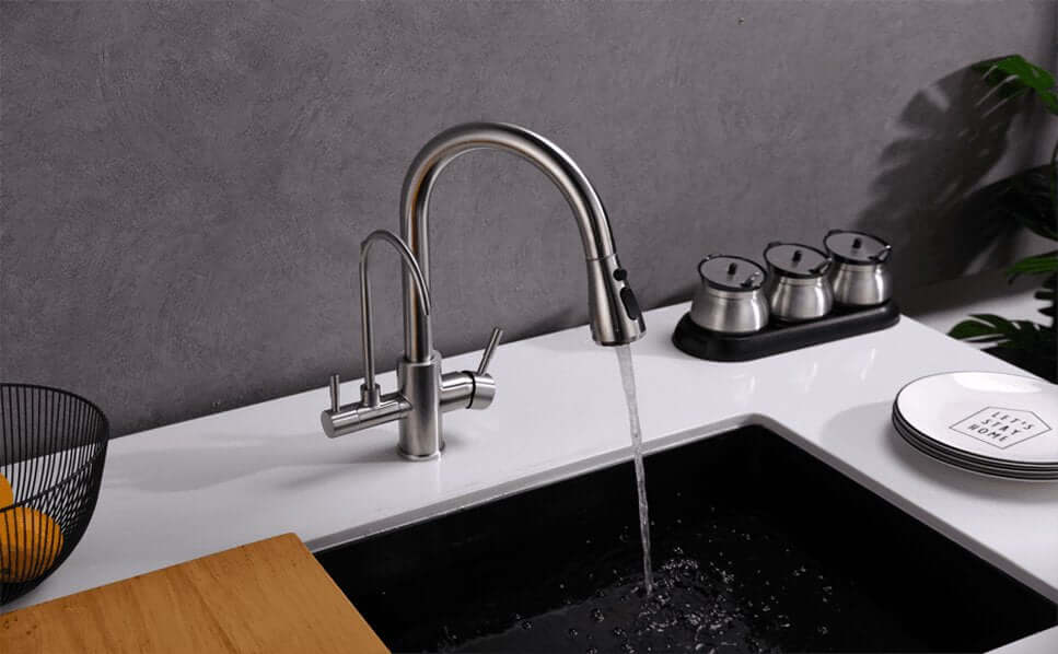 3 Way Mixer Tap with Dual Spout & Pull Out Spray Nickel