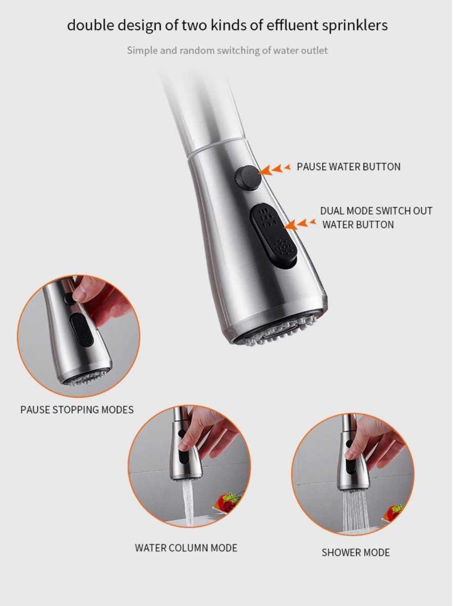 3 Way Mixer Tap with Dual Spout & Pull Out Spray Nickel