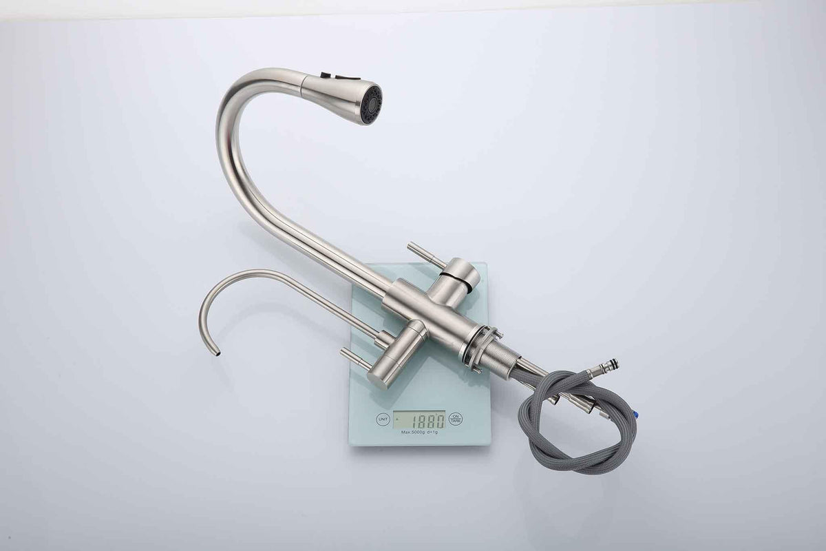 3 Way Mixer Tap with Dual Spout & Pull Out Spray Nickel