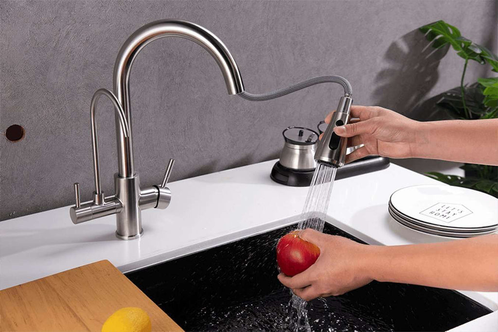 3 Way Mixer Tap with Dual Spout & Pull Out Spray Nickel