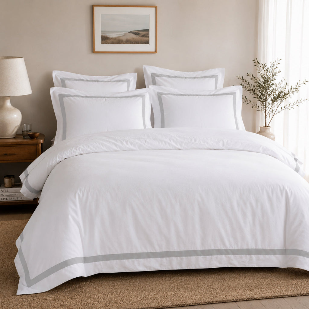 Ava Collection Queen White Quilt Cover Set with Grey Trim