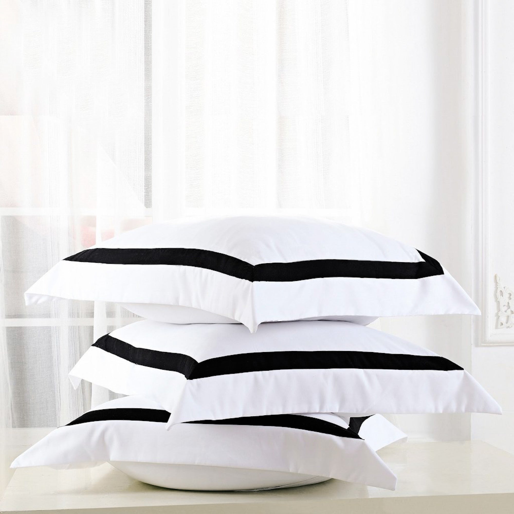 Luxury Ava Collection European Pillowcase Set - White & Black Trim