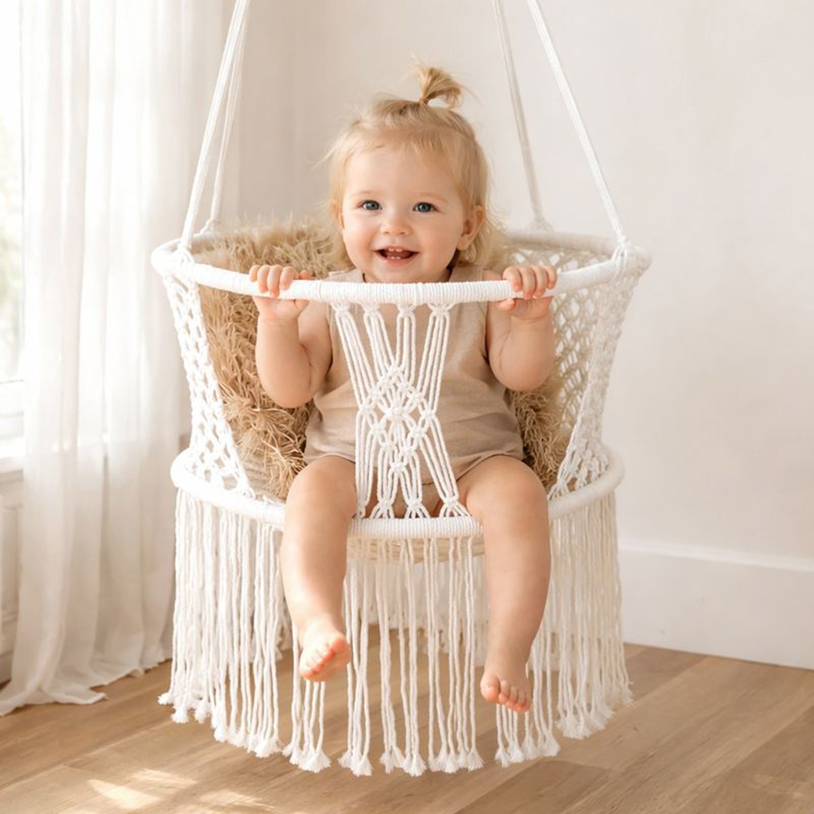 Macrame Baby Swing Chair - Cozy Cream Hammock for Indoor & Outdoor Use