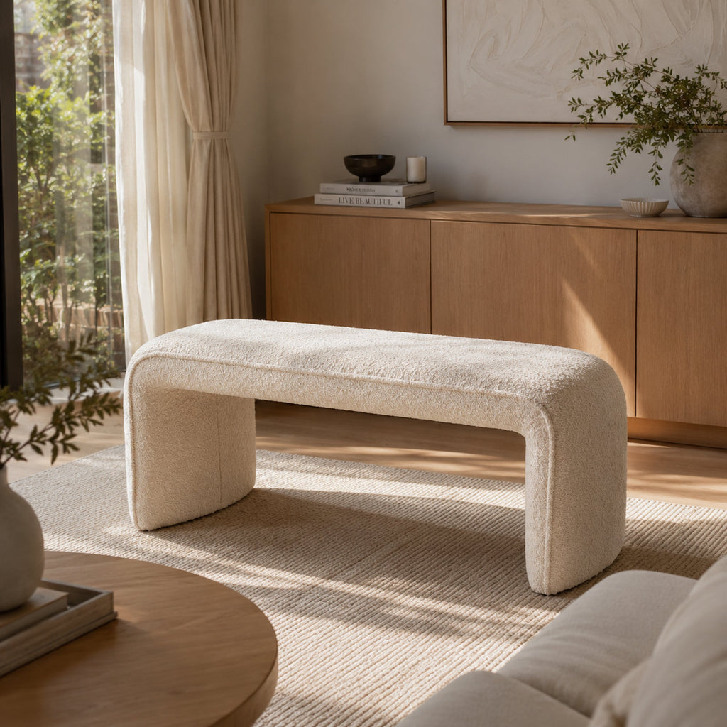 Chic Champagne Boucle Bench Seat - Stylish & Versatile