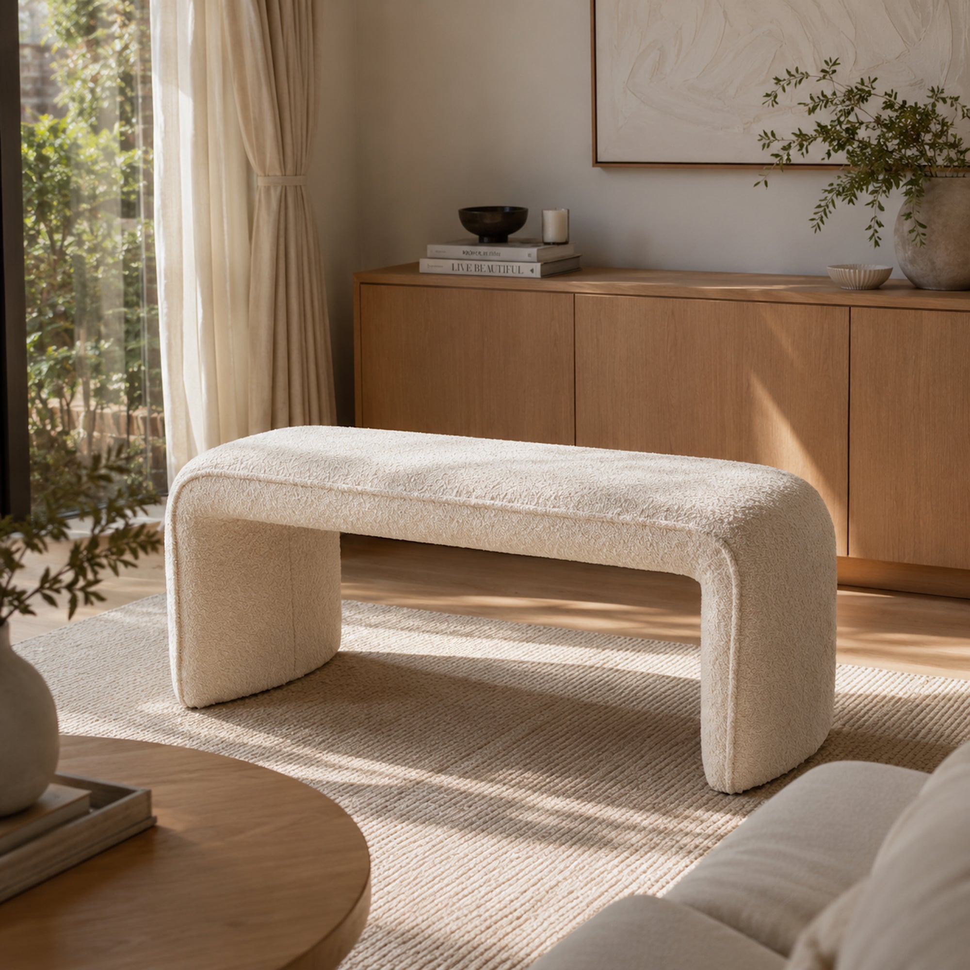 Chic Champagne Boucle Bench Seat - Stylish & Versatile