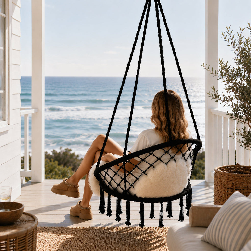 Madrid Black Macrame Hanging Chair Swing - Stylish & Comfortable