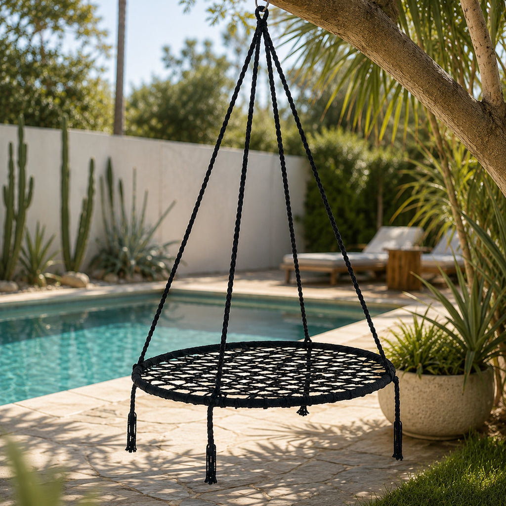 Morocco Black Macrame Swing - Cozy Hanging Chair for Indoor & Outdoor