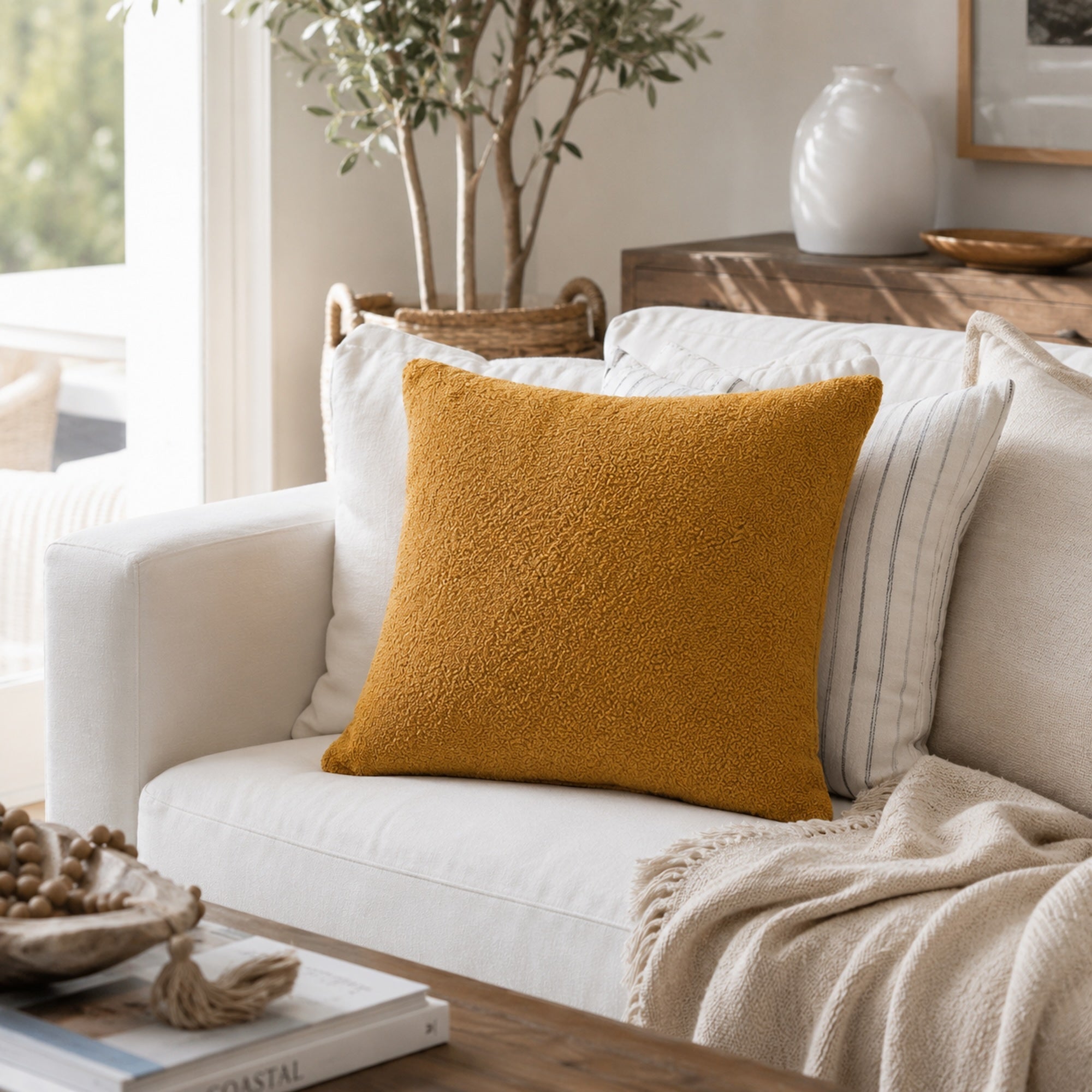 Mustard Teddy Boucle Cushion Cover with Insert - Stylish & Cozy