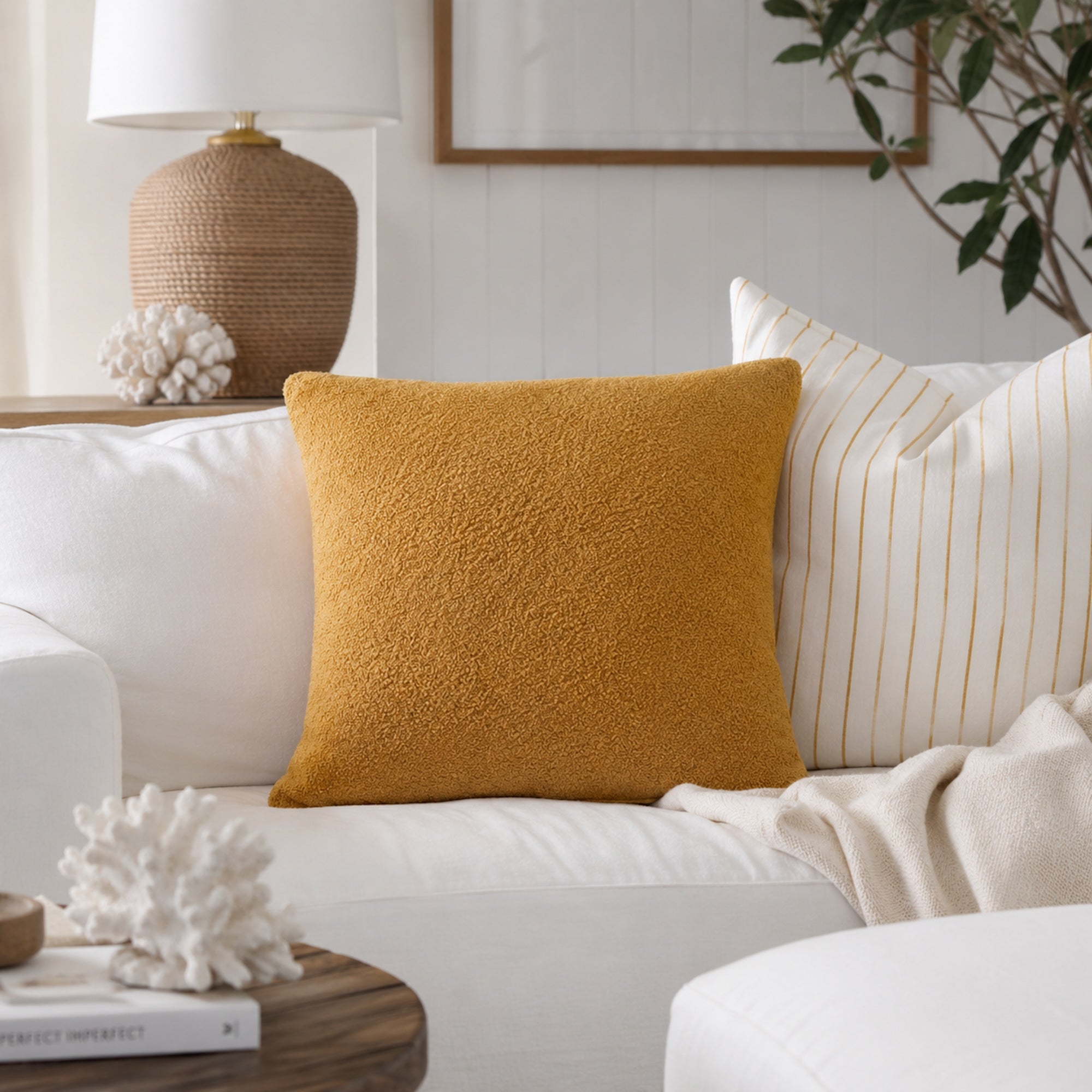 Mustard Teddy Boucle Cushion Cover with Insert - Stylish & Cozy