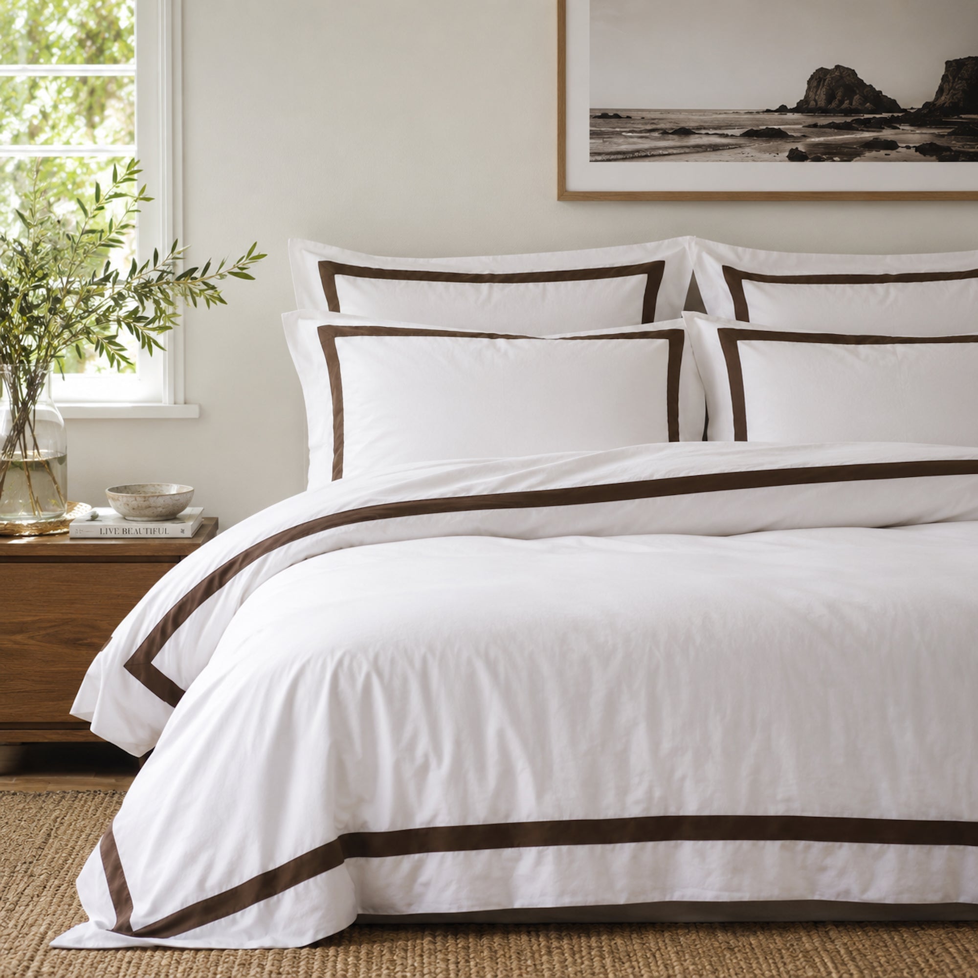 Ava Collection White Quilt Cover Set with Elegant Brown Trim