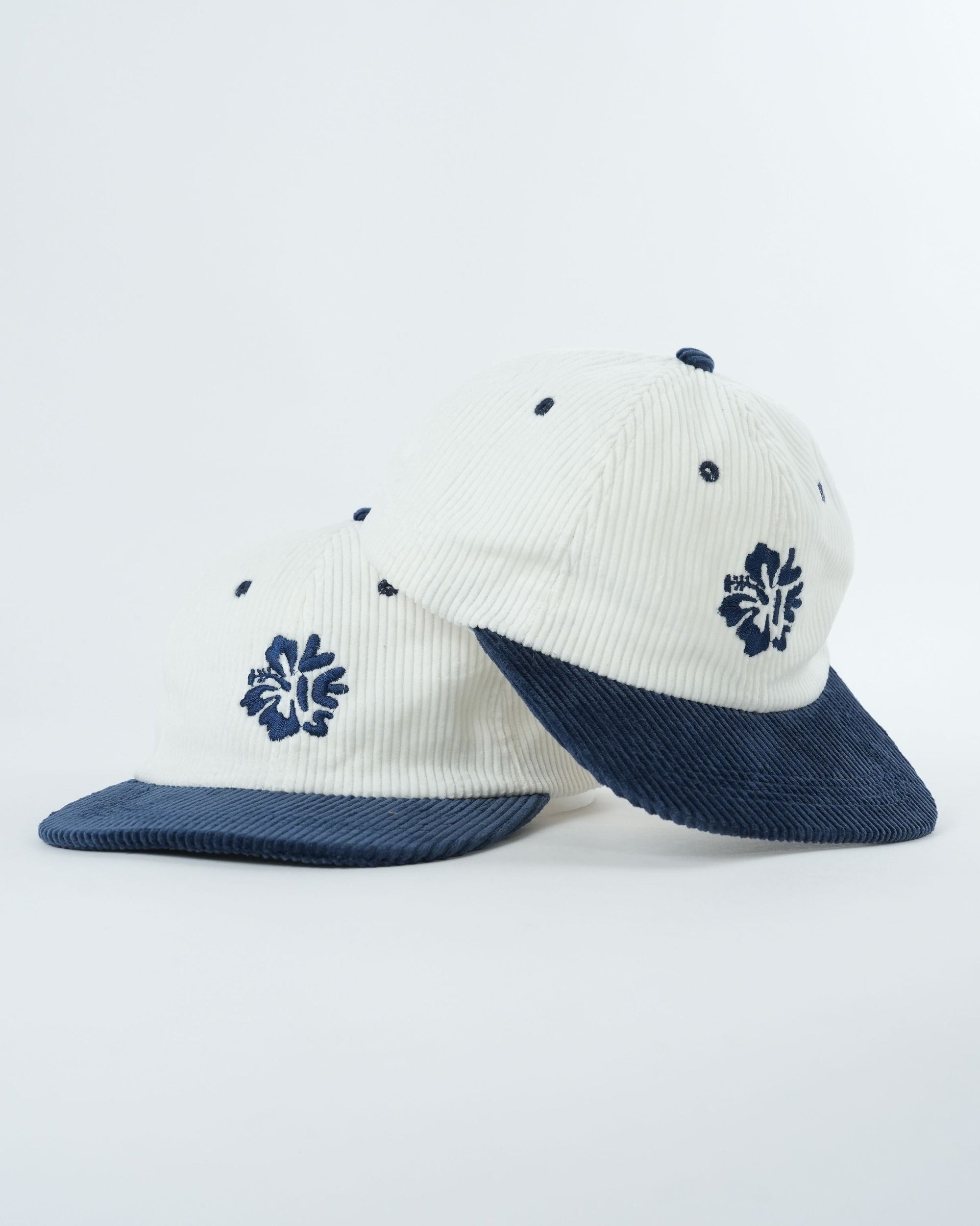 Island Bloom Blue Hat - Stylish Corduroy with Hibiscus Design