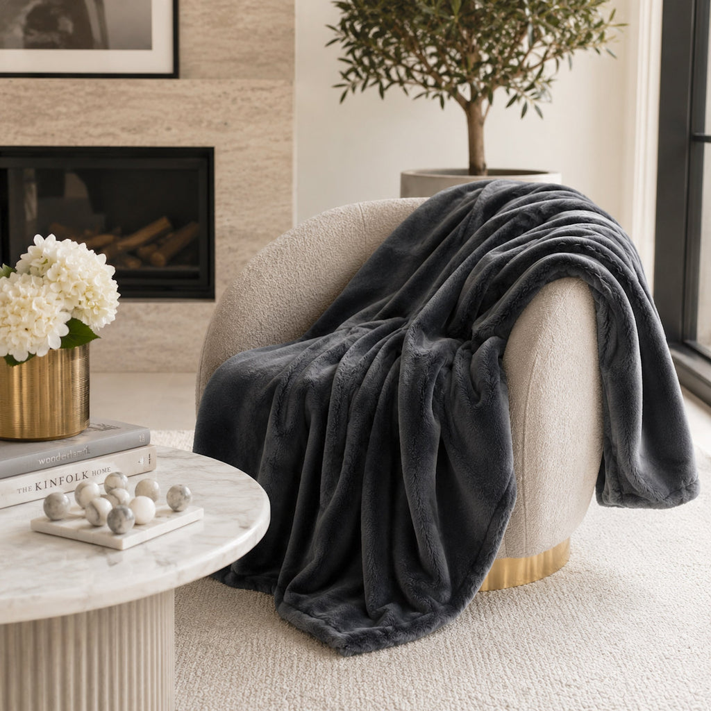 Luxurious Charcoal Grey Faux Fur Throw Blanket by Ivory & Deene
