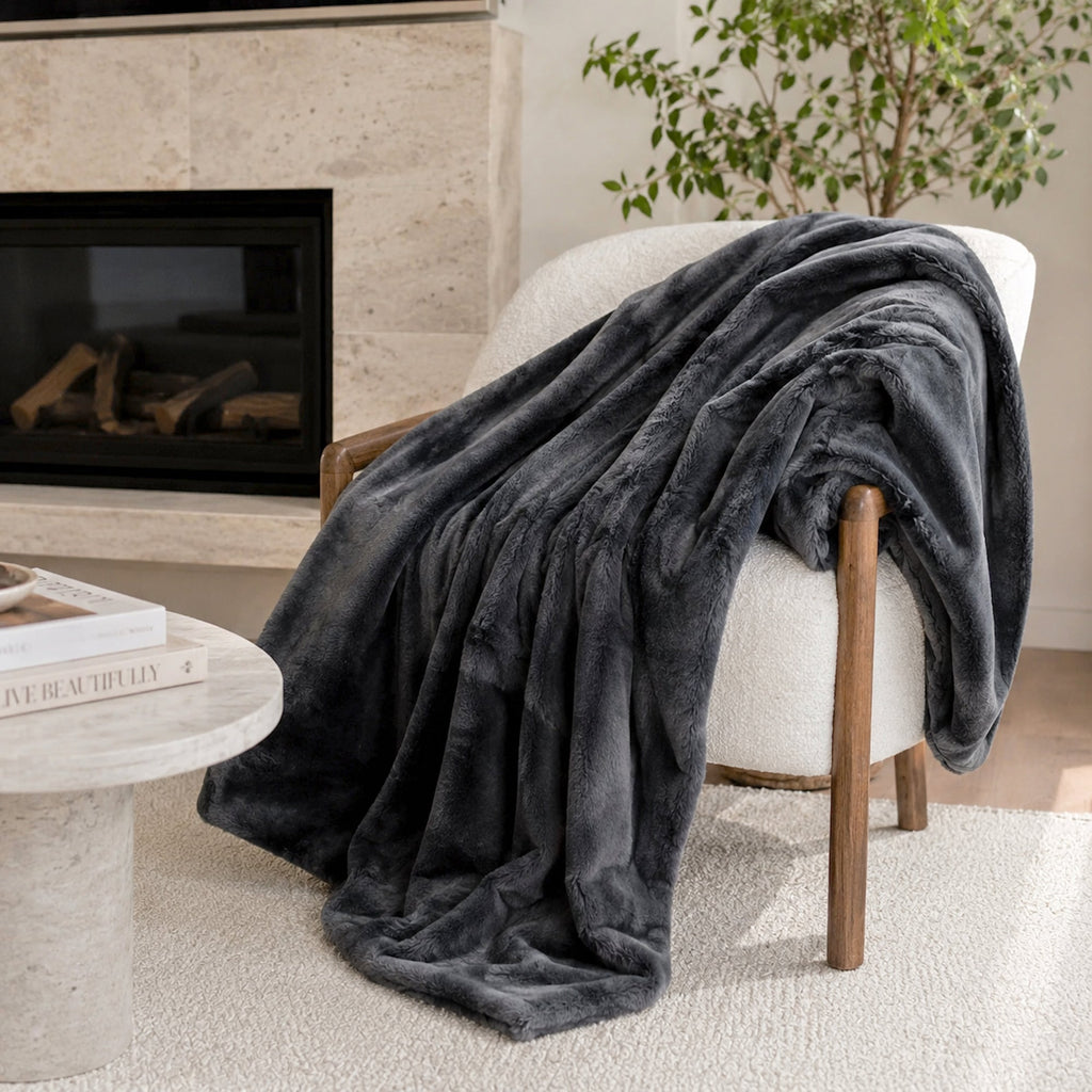 Luxurious Charcoal Grey Faux Fur Throw Blanket by Ivory & Deene