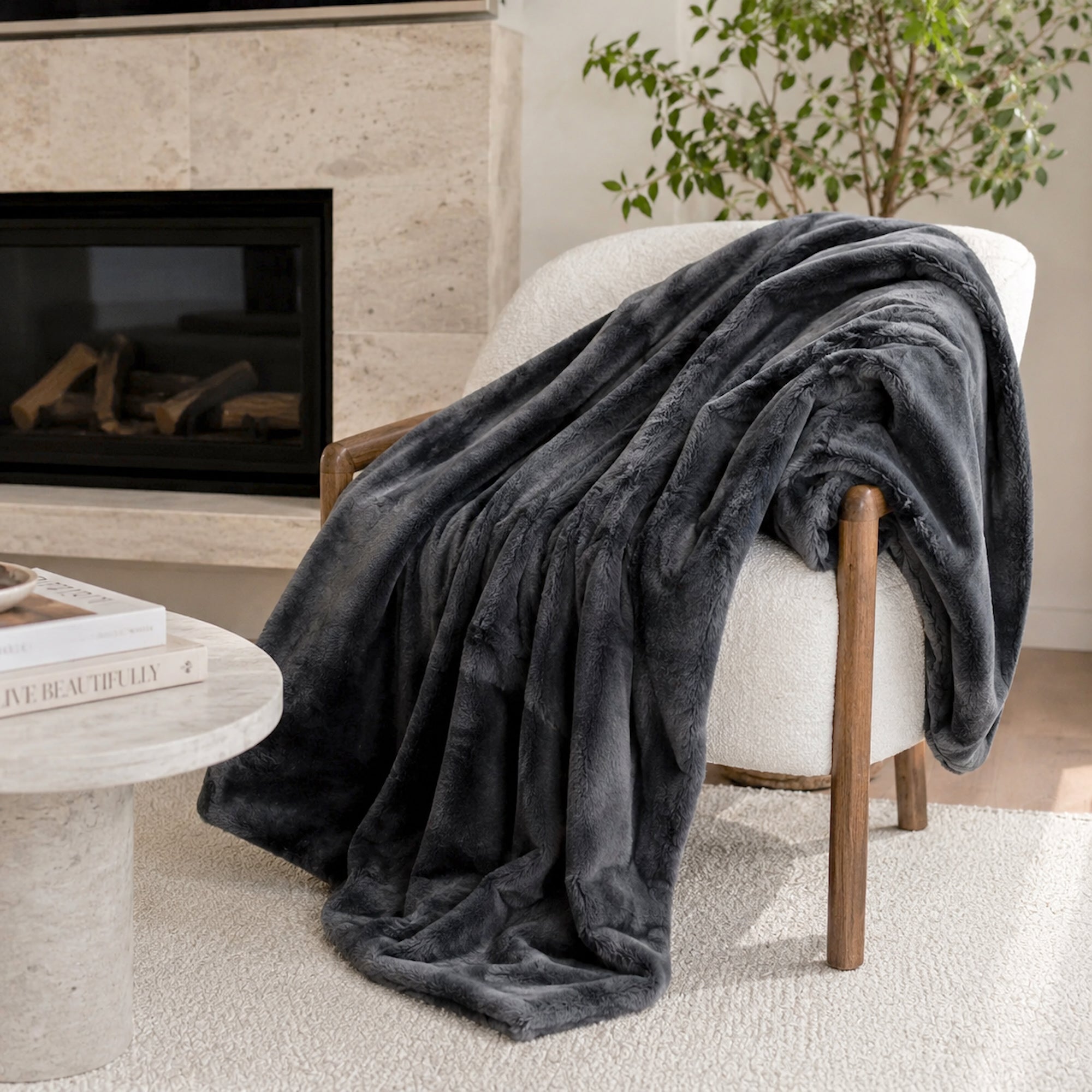 Luxurious Charcoal Grey Faux Fur Throw Blanket by Ivory & Deene