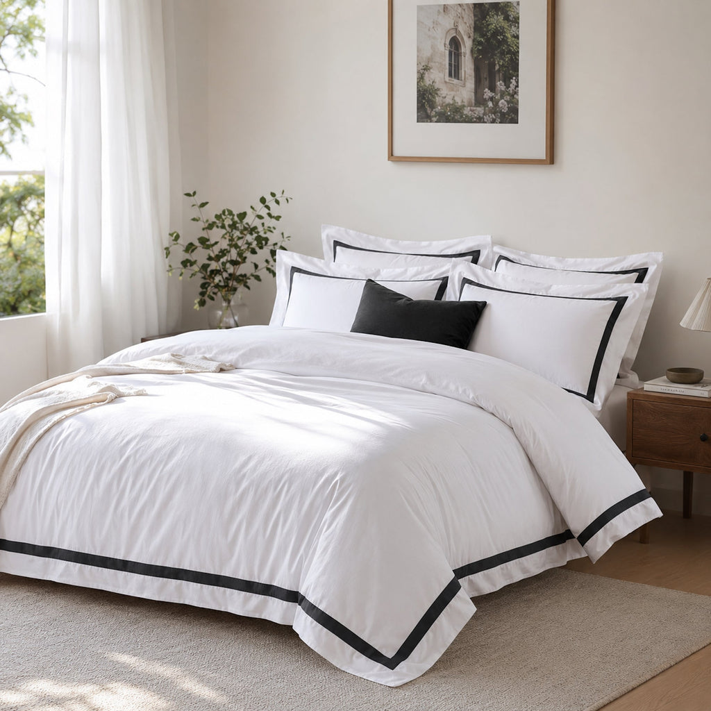 Ava Collection White Quilt Cover Set with Charcoal Trim