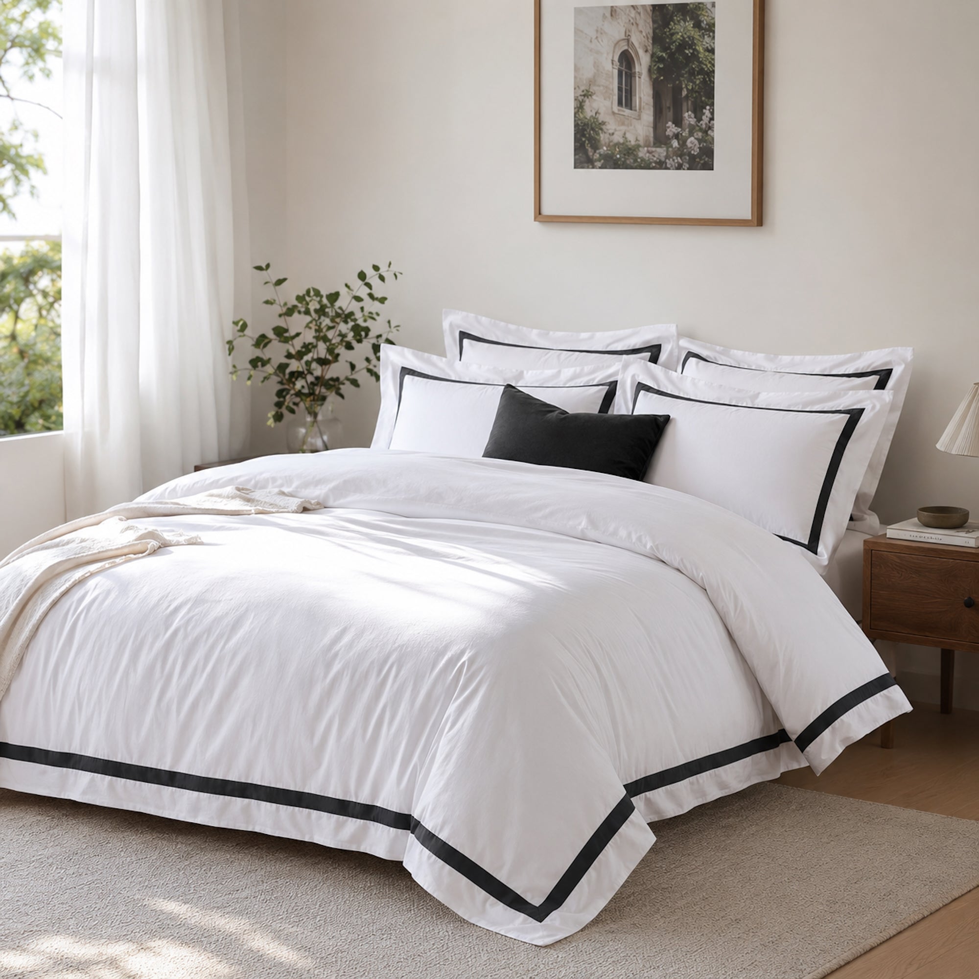 Ava Collection White Quilt Cover Set with Charcoal Trim