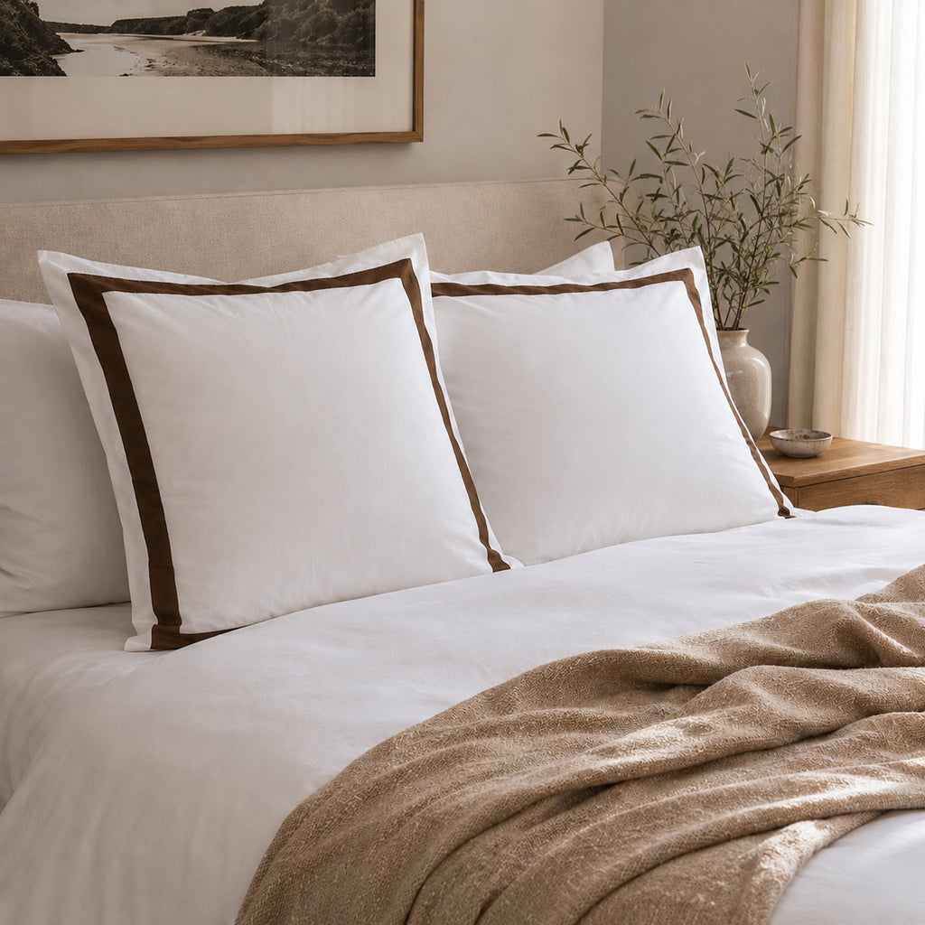 Ava Collection Luxurious White European Pillowcase Set with Brown Trim
