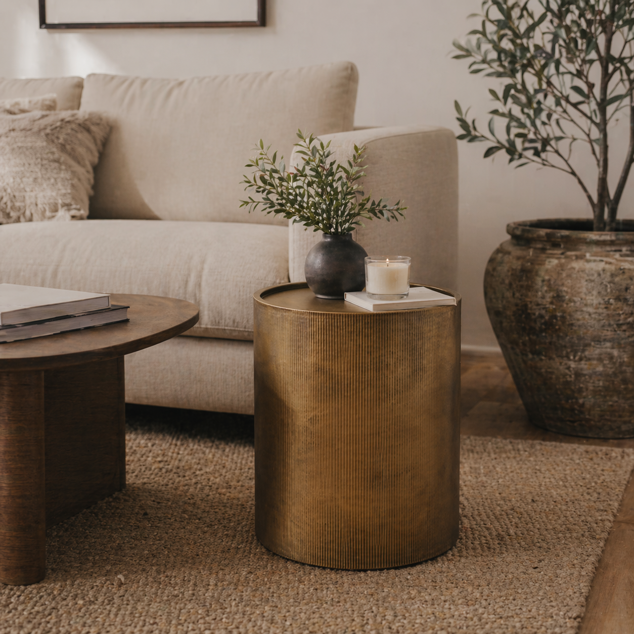 Felix Ribbed Barrel Side Table - Antique Brass Elegance