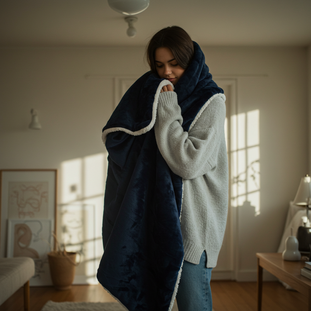 Navy Plush Fur Sherpa Throw Blanket for Ultimate Comfort