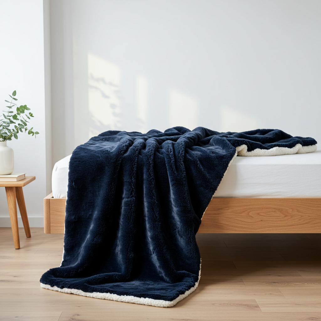 Navy Plush Fur Sherpa Throw Blanket for Ultimate Comfort