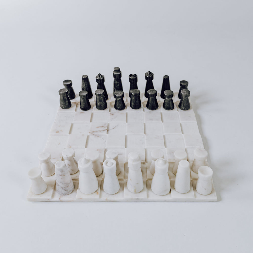 Elegant White & Grey Marble Chess Set - Handcrafted Luxury Game