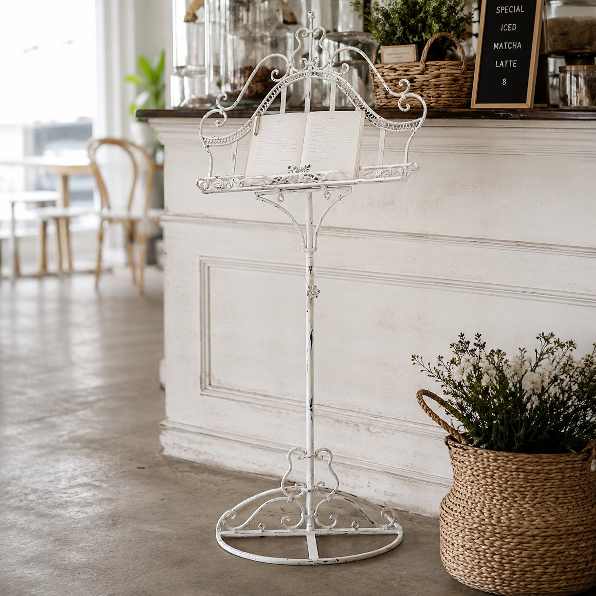 Elegant White Wrought Iron Music & Menu Stand - Vintage Charm
