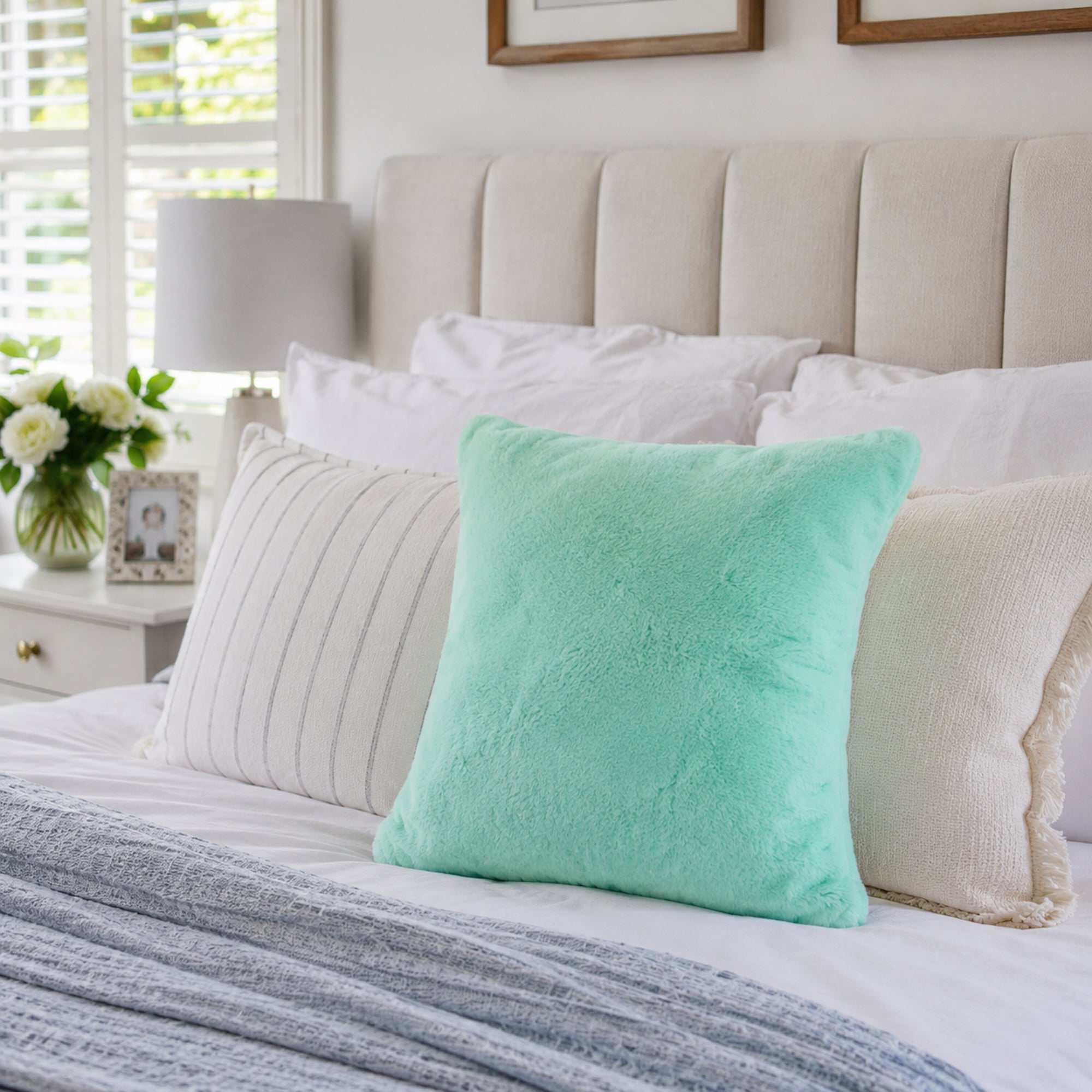 Turquoise Plush Fur Cushion Cover with Insert - Soft & Stylish