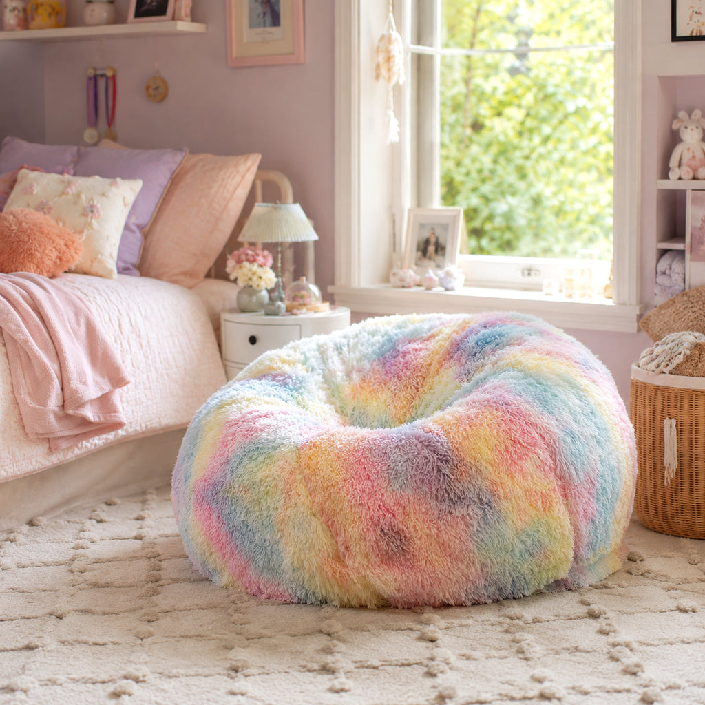 Shaggy Rainbow Unicorn Tie Dye Bean Bag - Cozy & Fun